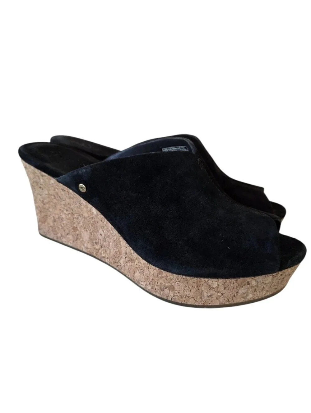 UGG Dominique Black Suede Cork Wedge Slide Mules 9 Boho Chic Festival